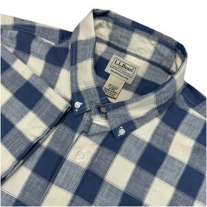 LL Bean Mens Medium Blue Cream Plaid Short Sleeve Button Down Shirt Casual